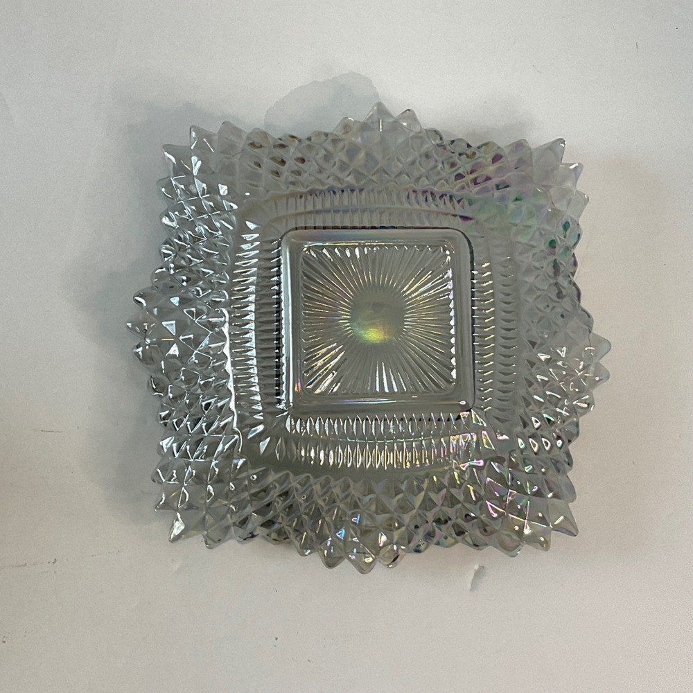 Indiana Glass Diamond Point Iridescent Carnival Glass Square dish Smoke Gray 7.5